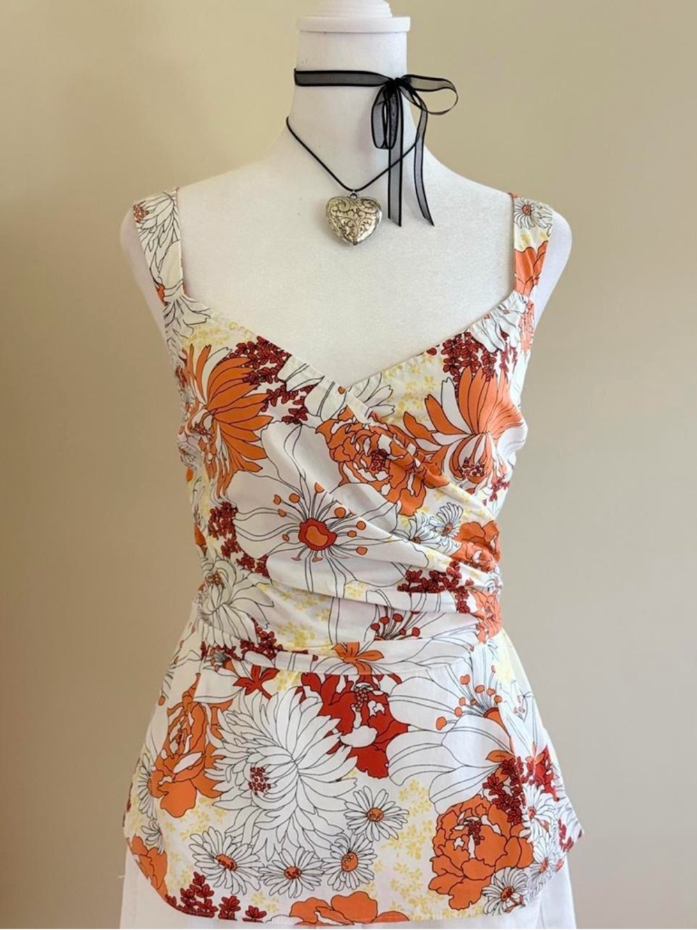 Vintage Y2K Ann Taylor coquette preppy floral wrap tank top ruched waist 6 S